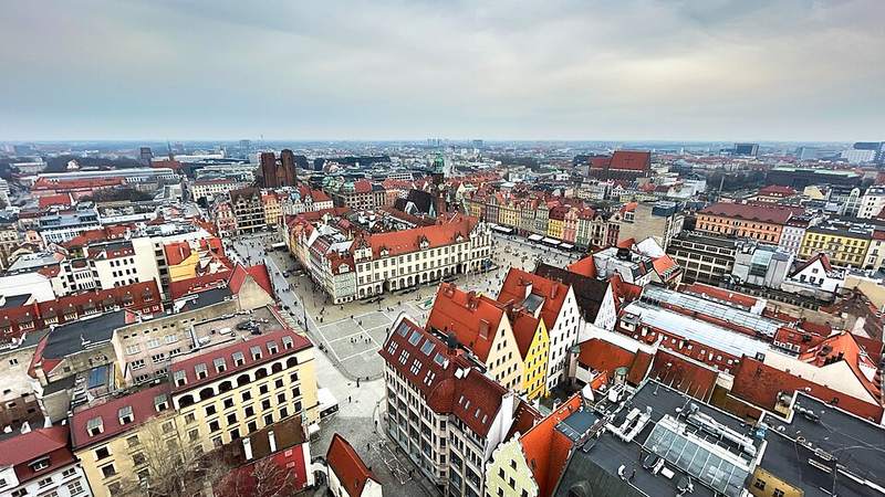 Wrocław's Market Square seen from the tower of St. Elizabeth's Basilica.