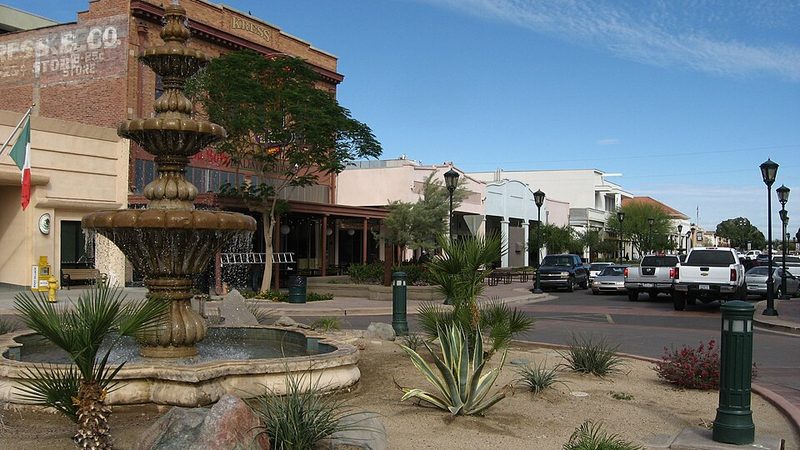Fountain and historic storefronts in downtown Yuma, Arizona.